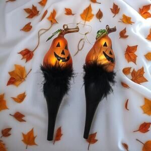 Halloween Glass Pumpkin Ornaments Feather Trim Spooky Chic Decor